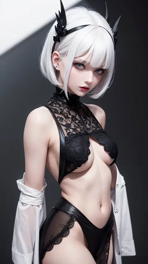 girl with white hair,with bangs, black gloves, goth, green eyes,4K, masterpiece, perfect body, stem,perfect eyes, perfect shading, perfect lighting, best quality, work of art, ultra detailed, detailed clothing