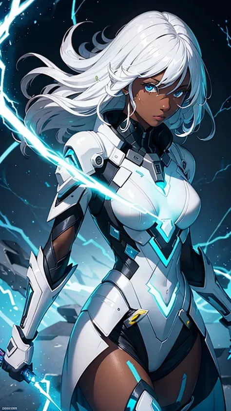 Dark-skinned, white-haired woman with futuristic outfit and lightning powers
