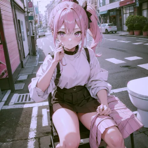 8k,Pink Hair,Pink Eyes,ponytail,skirt,Sitting on the toilet,Very blush,Street background