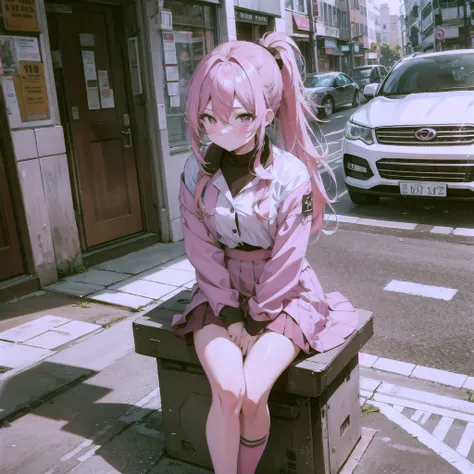 8k,Pink Hair,Pink Eyes,ponytail,skirt,Sitting on the toilet,Very blush,Street background