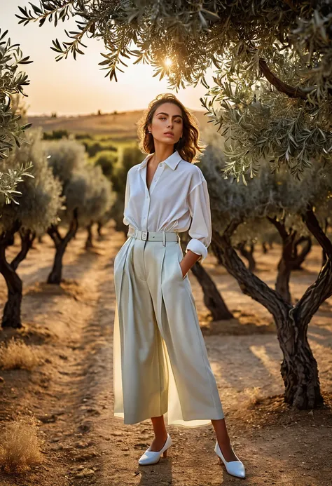 ((best quality)), ((masterpiece)), (detailed), full body shot, fashion photo shot, dynamic pose, dynamic angle, sunsetting in the background, young italian woman, wearing Dior apparel. she is looking off at the sunset, olive trees in the distance
