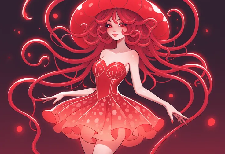 Lovely woman with tendril hair in a jellyfish dress in red aesthetic art style
