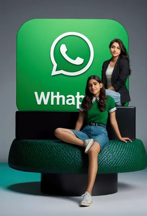 Sounds like a cool illustration! Heres a description of the 3D illustration you requested:
In the foreground, a fashionably dressed girl sits confidently on top of a giant, black WhatsApp logo shaped like a desk. The logo has a 3D effect, making it appear ...