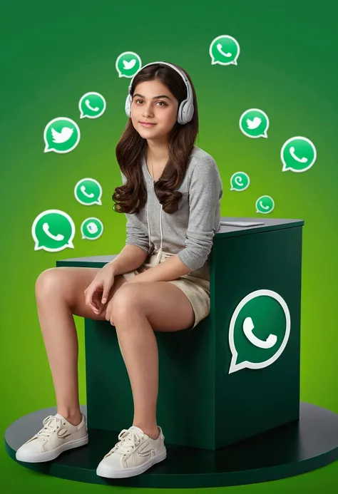 Sounds like a cool illustration! Heres a description of the 3D illustration you requested:
In the foreground, a fashionably dressed girl sits confidently on top of a giant, black WhatsApp logo shaped like a desk. The logo has a 3D effect, making it appear ...