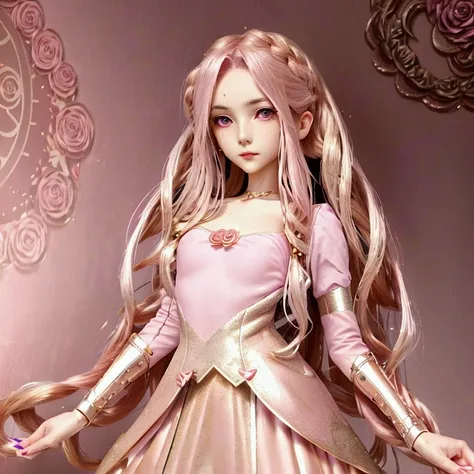 girl with (((deep magenta eyes and long, wavy pink hair))) ((styled in an elegant French braid)). (((She is slender, and , with small breasts))). Wearing a (((pink, gold, and rose gold color magical girl-themed outfit.))) The overall look is regal and ethe...