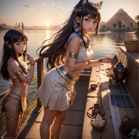 かわいいAncient Egyptの15歳の女の子、Ancient Egypt、View of the Nile、A colorful view of the whole、whole body、Low - Angle、Standing posture、Reeds are growing、Ancient Egyptの船、Ancient Egyptの風景、Sunset、