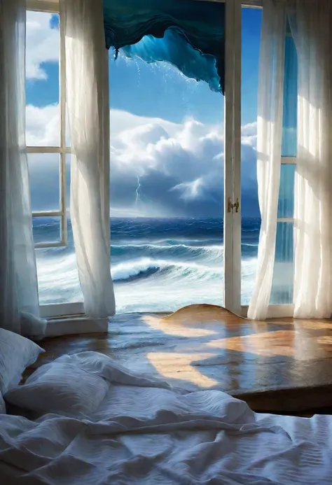 There is a bed with a white quilt，There is also a window with a sea view, Leaking windows, Blue water waves, There is a window facing the sea, Hyperrealistic water art, Surreal scene, Water runs down the walls, open window ib background, surreal dreamscape...