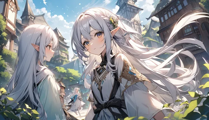 mysterious。White Hair Girl。Detailed Background。White Hair Girlが森の中のエルフの集落で、A scene with a beautiful building in harmony with nature in the background。Interacting with the elves who live with the spirits。