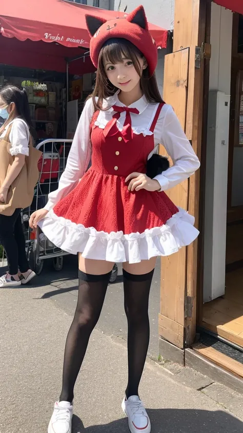 Cat standing on two legs、Wearing a strawberry costume