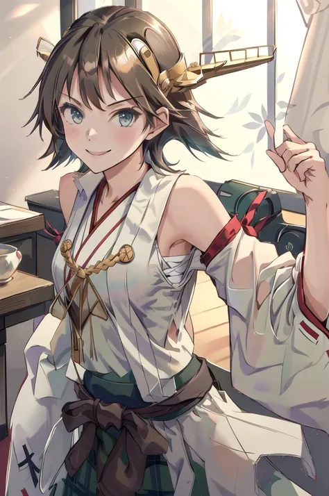 Highest quality, masterpiece, High resolution, alone, (Hiei Kai-2_Fleet Collection:1.15), オレンジ色hair, hairband, headgear, Non-traditional_Shrine maiden, smile, green_eye, Inverted up_hair, smile, One Girl, dependent_sleeve, green_skirt, Plaid, Plaid_skirt, ...