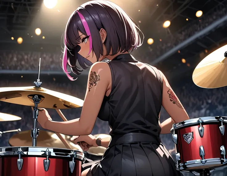 (highest quality:1.2, Very detailed, up to date, Vibrant, Ultra-high resolution, High Contrast, masterpiece:1.2, highest quality, Best aesthetics), girl, 独奏, slim, ((drummer:1.8)), heterrochromia, green eye, red eye, Passionate performance、stage、Bright col...