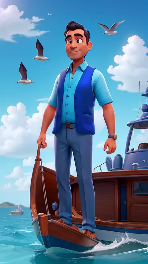 The image shows Mr. Arif’s boat floating in the blue sea, with calm waves and a few seagulls flying overhead. Mr. Arif is standing in his boat, pulling in his net. He is wearing a faded blue vest over his shirt, with his trousers rolled up to his knees.