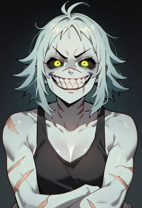 Anime zombie undead girl, slitched face, scars an face, black sclera, shark teeth, glowing eyes, smug face, vile, pale green-ish decayed skin, black tank top, eletric colar, naked