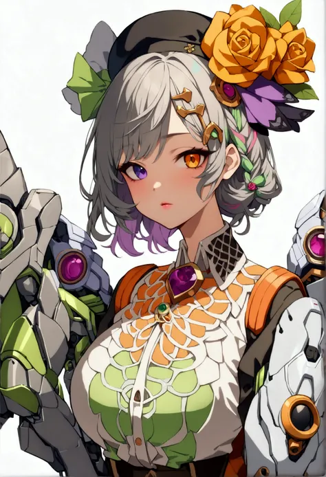 woman 160cm tall, slim build, , charming look, ((heterocromia: look like, right naranja y look like izquierdo violeta)), (Shoulder Length Wavy Gray Hair, a short braid on the left side of the hair, big open bangs, golden gear hairpin on the left side of th...