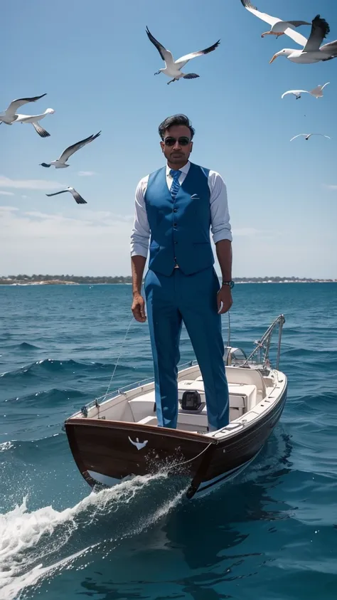 The image shows Mr. Arif’s boat floating in the blue sea, with calm waves and a few seagulls flying overhead. Mr. Arif is standing in his boat, pulling in his net. He is wearing a faded blue vest over his shirt, with his trousers rolled up to his knees.