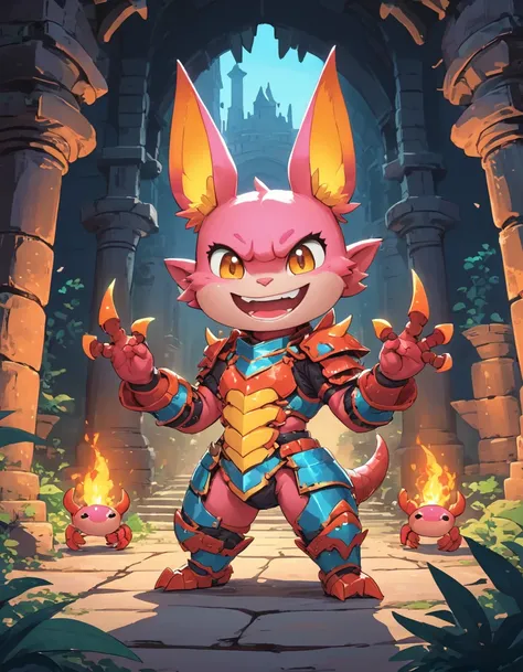 kawaii style big ferocious fantasy sleek rodent organism, grimacing evin grin, quadrumanual, four-fingered hands, short-tailed, luminescent skin, bat-like ears, crab like spiked armor, in an ancient dungeon, dim torch lighting, sharp focus, . cute, adorabl...