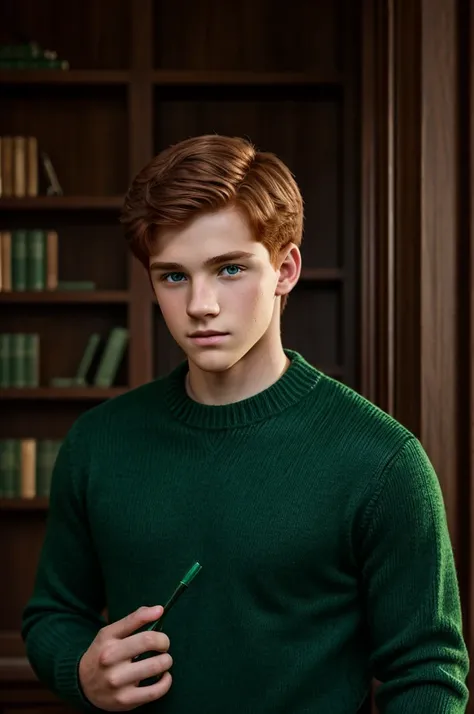 Detailed realistic photograph of a Boy age 17, face of Luke Slattery faceclaim, redhead with dark hazel eyes, dressed in emerald green sweater, background of shadowy Slytherin common room