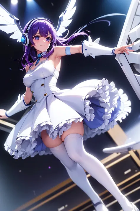 mecha wings、White and blue skirt、Accentuated thighs、White tights、chest、Beautiful purple hair、1 girl、solo girl、Thick thighs、IS、Frame Arms Girl、Alice Gere Aegis、White Armor、income、headphone、hand on own chest、smile