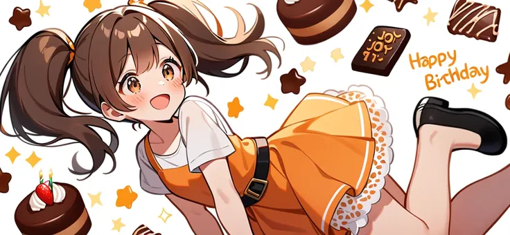 girl, Brown hair, two ponytails in hair, Brown eyes, White T-shirt, orange sundress, black shoes, Black Belt, Short skirt, white lace at the end of the skirt, birthday, joy, chocolate cake,