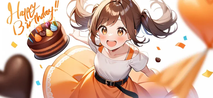 girl, Brown hair, two ponytails in hair, Brown eyes, White T-shirt, orange sundress, black shoes, Black Belt, Short skirt, white lace at the end of the skirt, birthday, joy, chocolate cake,