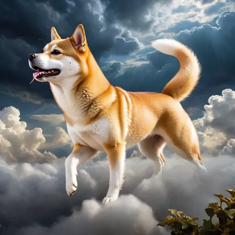 a shiba inu, side view ,flying in the cloud,  epic sky background ， theatricality and mystique  ，otherworldly ，awesome ，clever u...