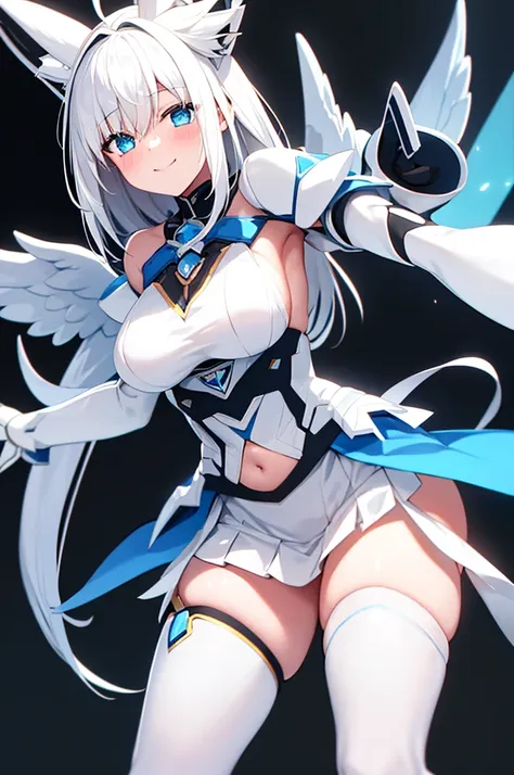 mecha wings、white and blue skirt、accentuated thighs、white tights、chest、beautiful white hair、1 girl、solo girl、thick thighs、is、fra...