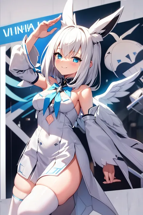 mecha wings、White and blue skirt、Accentuated thighs、White tights、chest、Beautiful white hair、1 girl、solo girl、Thick thighs、IS、Frame Arms Girl、Alice Gere Aegis、White Armor、income、headphone、hand on own chest、smile