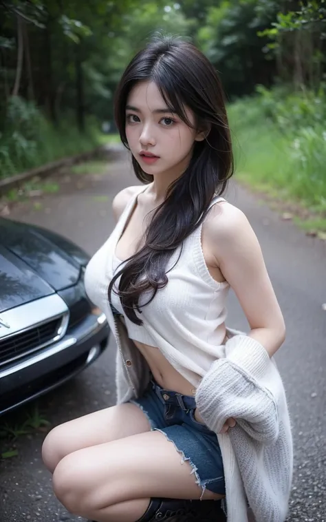 18 years old Korean girl, (Beautiful and bold、Charming and seductive、blue eyes、Pointed chest、Long curly black hair、Sweaty body、Cardigan、shorts、boots、short glove、Thick Legs)。(Deserted Road、Dirt Road、smokes、abandoned cars、newspaper、Waste products、The body li...