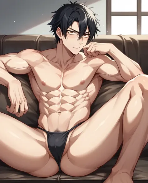 ((best qualityer)), ((work of art)), anime styling,sasuke uchiha, wearing no shirt, Slim and muscular body, just wearing a black thong with the symbols of the uchiha clan, and sitting on a sofa in just a short black thong with his legs open, full of hair 