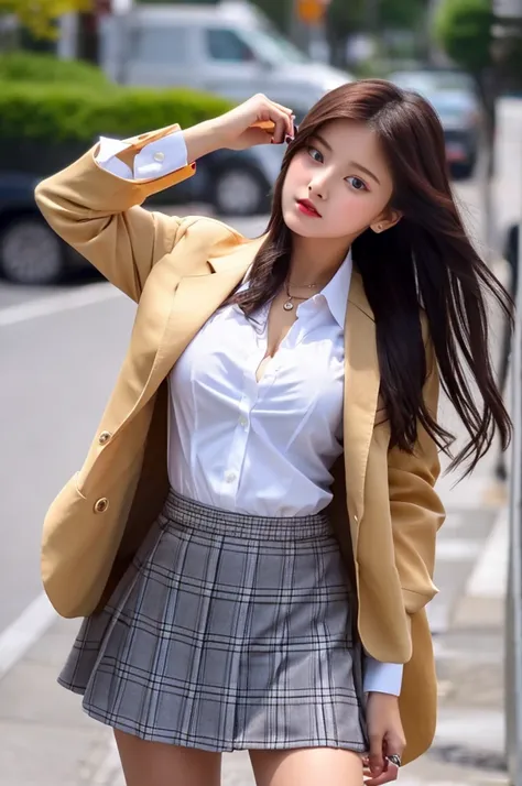 a 16 year old girl, she is the most beautiful actress in the world, the perfect body proportions of this girl, indirect breast bulge of her clothed upper body, the blazer is appropriately buttoned up on the formal shirt above the short skirt thats hardly c...