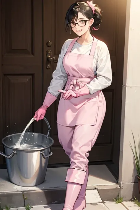 A mature woman with glasses and black hair tied up wearing large pink rubber gloves, a white apron, and white rubber boots is smiling as she washes a bucket with a hose　Long sleeve sweatshirt　jeans