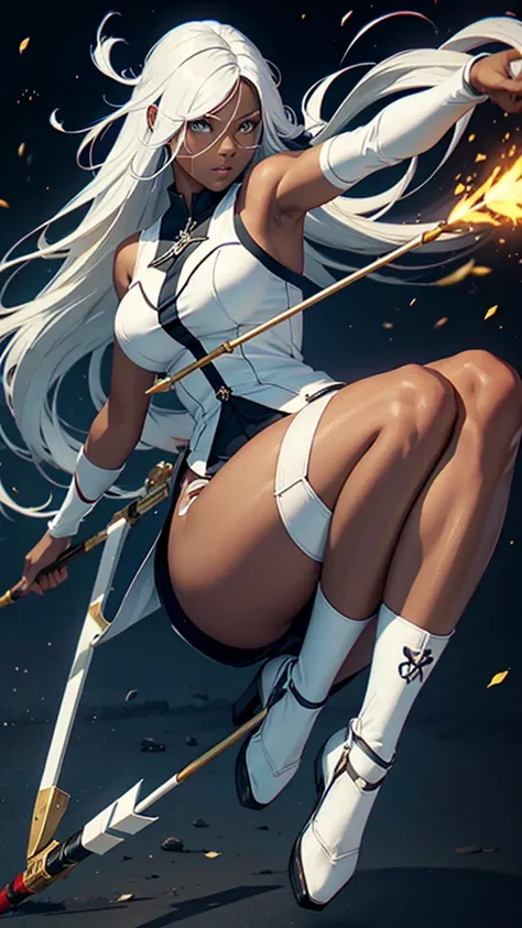 Woman with dark skin and white hair Horse legs shooting arrows

