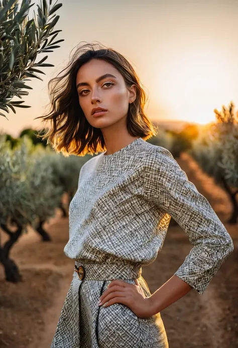 ((best quality)), ((masterpiece)), (detailed), half body shot, fashion photo shot, dynamic pose, dynamic angle, sunsetting in the background, young italian woman, wearing Dior apparel. she is looking off at the sunset, olive trees in the distance