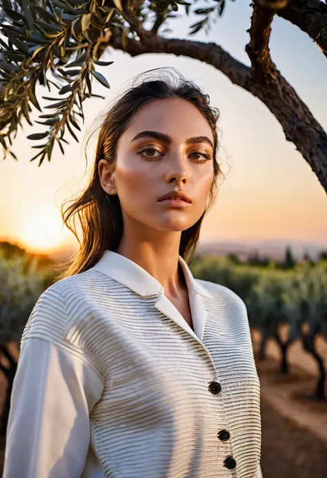 ((best quality)), ((masterpiece)), (detailed), half body shot, fashion photo shot, dynamic pose, dynamic angle, sunsetting in the background, young italian woman, wearing Dior apparel. she is looking off at the sunset, olive trees in the distance