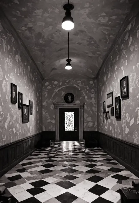 there is a room with a checkered floor and a black and white floor, a marble sculpture by Lee Loughridge, unpack, The style, Harmony Black Room, alexandra fomina, Diffused museum lighting, projection mapping, back of scenery elements, Completely dark room,...