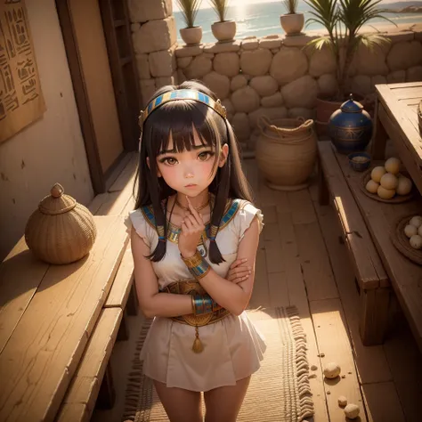 かわいいAncient Egyptの15歳の女の子、Ancient Egypt、View of the Nile、A colorful view of the whole、whole body、Low - Angle、Standing posture、Reeds are growing、Ancient Egyptの船、Ancient Egyptの風景、Sunset、