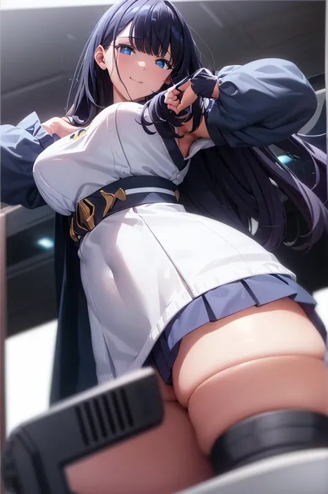 mecha wings、White and blue skirt、Accentuated thighs、White tights、chest、Beautiful black hair、1 girl、solo girl、Thick thighs、IS、Frame Arms Girl、Alice Gere Aegis、White Armor、income、headphone、hand on own chest、smile