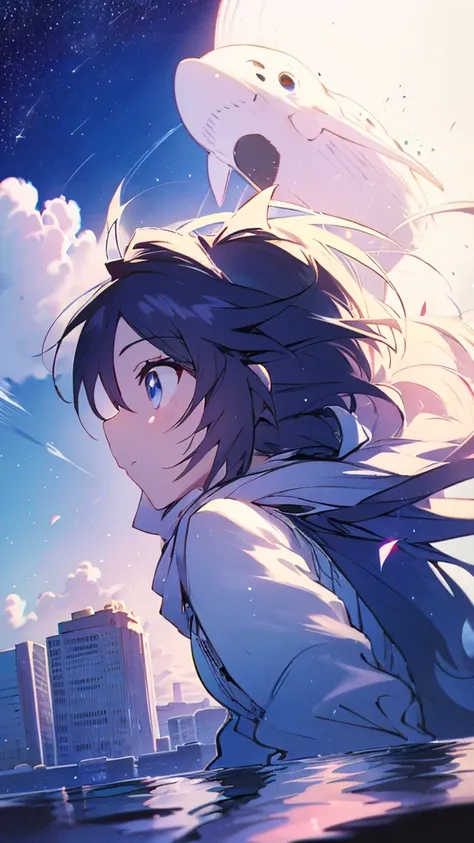 Seven-doppelganger shot，Anime style 4K,High quality anime art style，Standing painting，Splash ink background，Blue Themes、Pure white background,Buildings,Face close-up,Buildings,Moon and sun、Shining Star々,milky way,Facing forward,Clear eyes and nose,cute,bea...