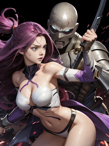 Highest quality、rape、Captured by mutants、Surrounded by mutants、defeat、Beautiful woman with very long purple hair、White Armor（Medium breast、Off the shoulder、No sleeve、No elbow pads、Belly button、High Leg、Exposed thighs）、White Armorのブーツ、Tears overflow、Frighte...