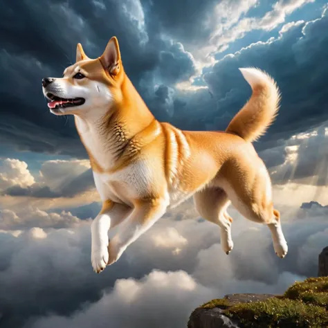 a shiba inu, side view ,flying in the cloud, (jumping pose:1.5), epic sky background ， theatricality and mystique  ，otherworldly...