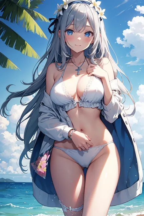 ((girl kawaii)), a extremely delicate and beautiful girl, beautifully painted, cute, sense of digital, best detailed girl, lying on the lake, wet, girl, young, long hair blown up, Hair with flower, (grey hair), cute face, (smile), complex details beautiful...