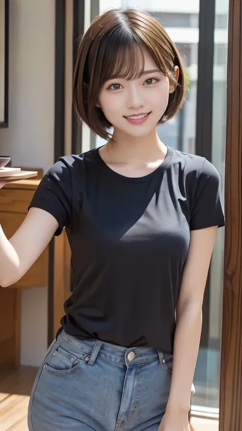 One girl, Casual T-shirts, short hair, 20-year-old Japanese, beautiful, cute face, pretty face, neat, smiling, 8-head body, height 165cm, weight 48kg, bust 83cm, waist 60cm, hips 82cm, selfie