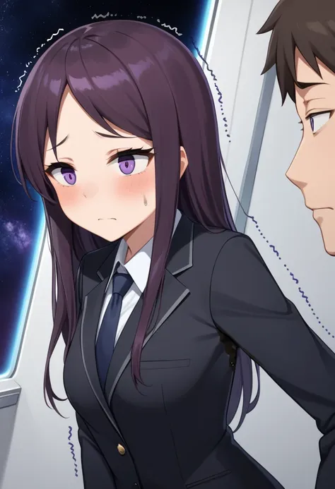 (high quality,Very detailed:1.37, High resolution), Woman, (mature:2.0), (Sakaki Yumiko:1.5), (very long hair:1.5), (straight hair:1.5) (dark purple hair:2.5), purple eyes, huge breasts, tuxedo, necktie, (pants:1.5), (wetting herself:2.0), standing, embarr...