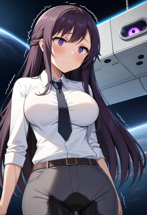 (high quality,Very detailed:1.37, High resolution), Woman, (mature:2.0), (Sakaki Yumiko:1.5), (very long hair:1.5), (straight hair:1.5) (dark purple hair:2.5), purple eyes, huge breasts, tuxedo, necktie, (pants:1.5), (wetting herself:2.0), standing, embarr...