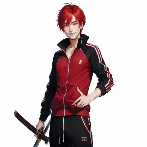 masterpiece, high quality,1 men, full body, standing, he is passionate man, smiling, red hair, ((simple background)), ((black Tracksuit)), ((katana)), Sanpaku eyes, more details, confident look,