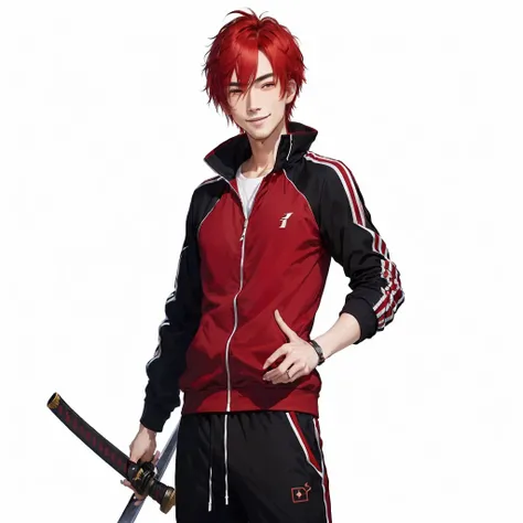 masterpiece, high quality,1 men, full body, standing, he is passionate man, smiling, red hair, ((simple background)), ((black Tracksuit)), ((katana)), Sanpaku eyes, more details, confident look,