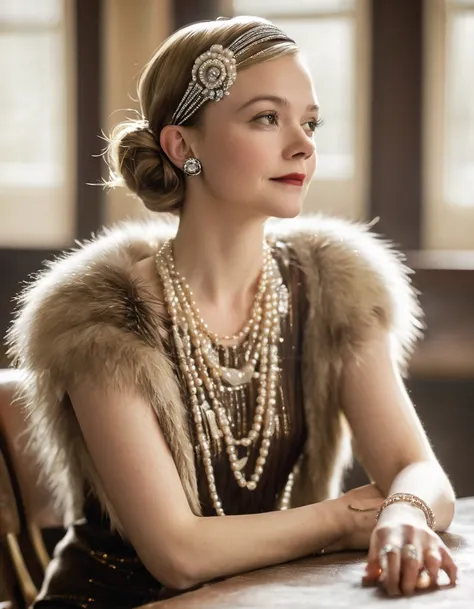 Woman wearing fashionable clothes sitting at table，Coffee on hand, The atmosphere of the 1920s, 1 9 2 0 s style, 1920s style, Roaring 20s, 1 9 2 0 s fabric style, Dressed in 1920s fashion, roaring twenties, Dystopian retro 1920s vibe, Art Deco era，（blond：1...