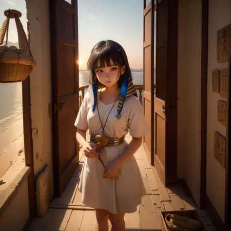 かわいいAncient Egyptの15歳の女の子、Ancient Egypt、View of the Nile、A colorful view of the whole、whole body、Low - Angle、Standing posture、Reeds are growing、Ancient Egyptの船、Ancient Egyptの風景、Sunset、