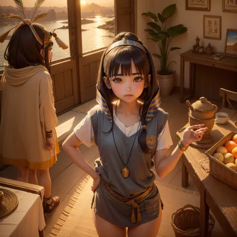 かわいいAncient Egyptの15歳の女の子、Ancient Egypt、View of the Nile、A colorful view of the whole、whole body、Low - Angle、Standing posture、Reeds are growing、Ancient Egyptの船、Ancient Egyptの風景、Sunset、