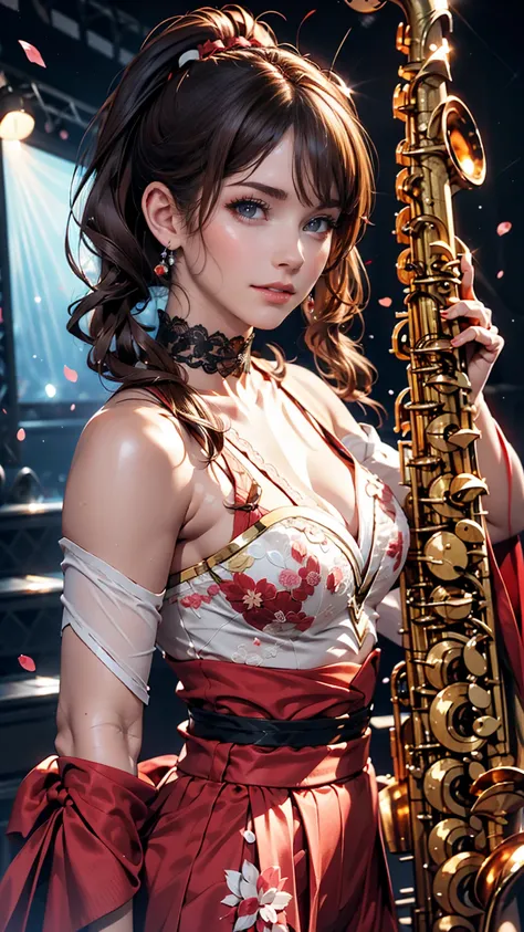 18-year-old female、Japanese Idols、Short pigtails((short twintails))、Sexy proportions、Narrow waist、Flashy stage costumes、Lace-embellished choker、Live Stage、Tenor saxophone